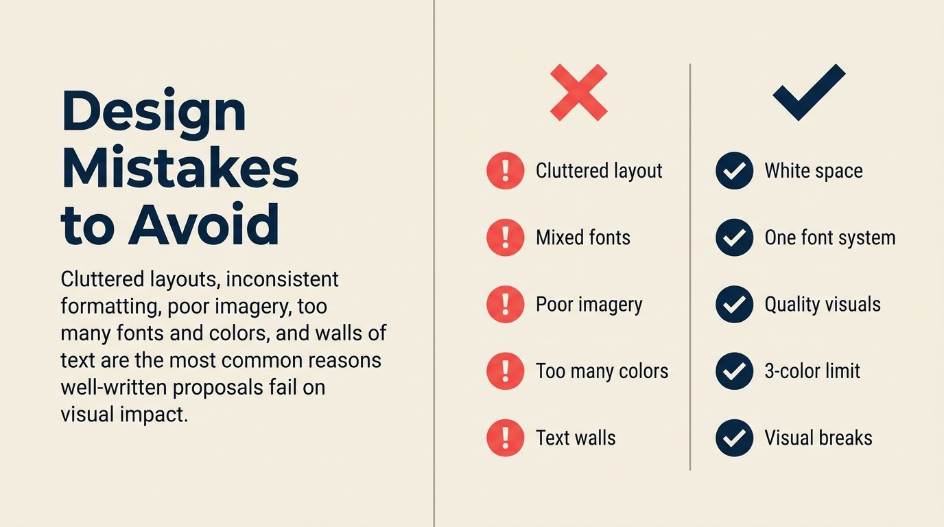 Common proposal design mistakes: cluttered layouts, inconsistent formatting, too many fonts, walls of text