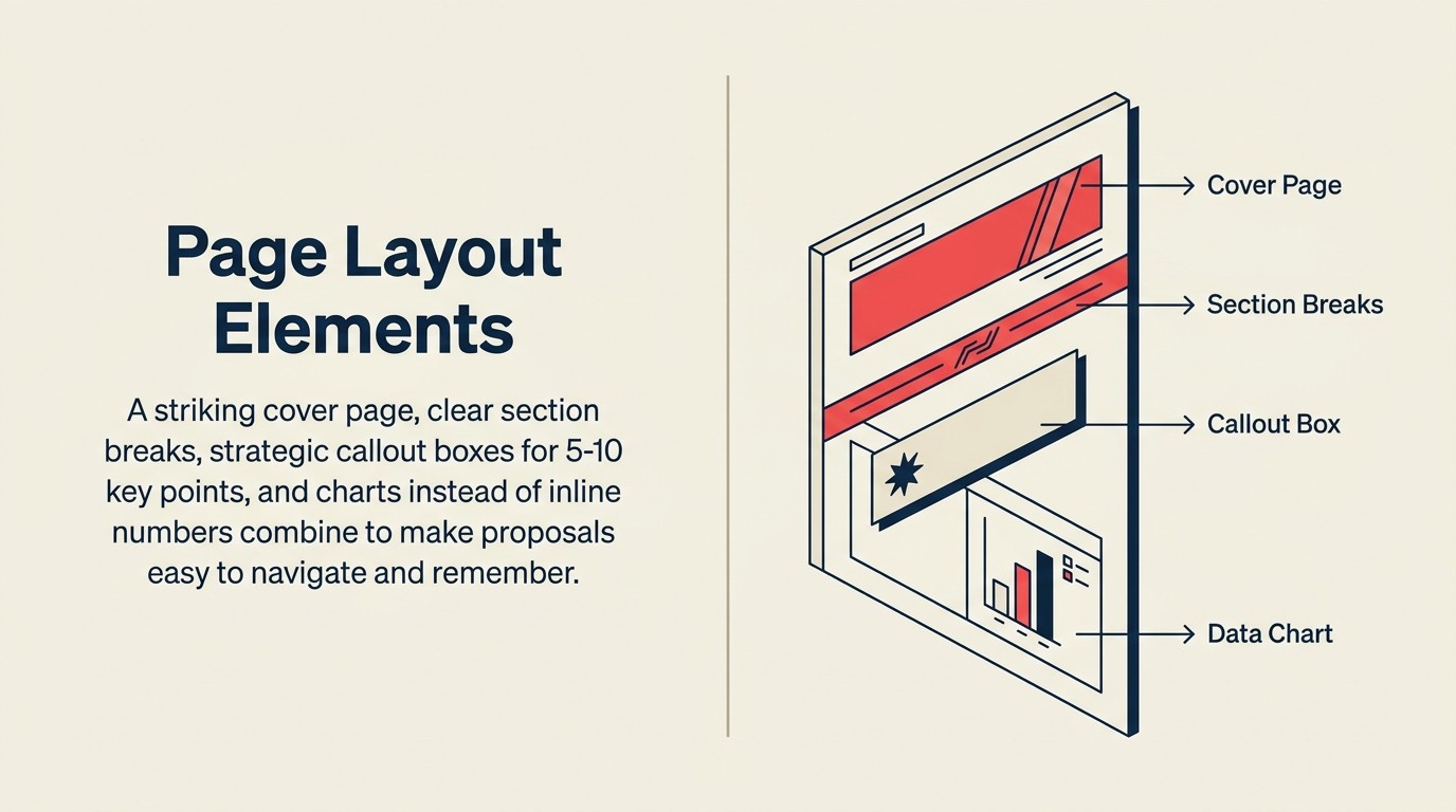 Four page layout elements: cover page, section breaks, callout boxes, data presentation