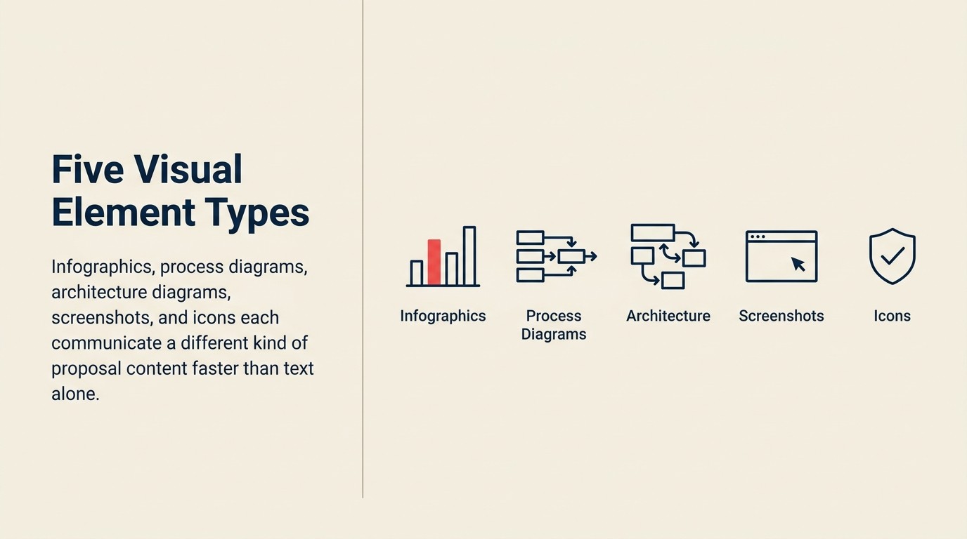 Five visual element types for proposals: infographics, process diagrams, architecture diagrams, screenshots, icons