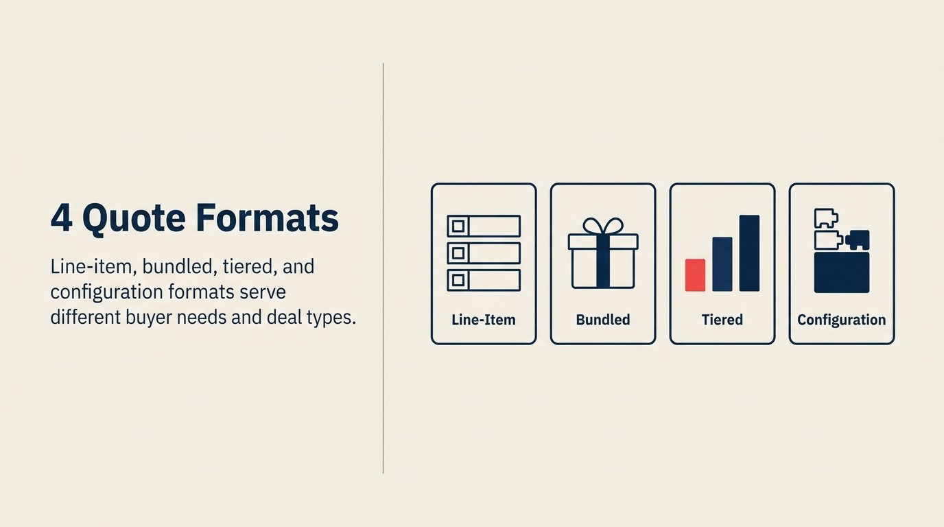 Four quote presentation formats: line-item detail, bundled packages, tiered options, and configuration quotes