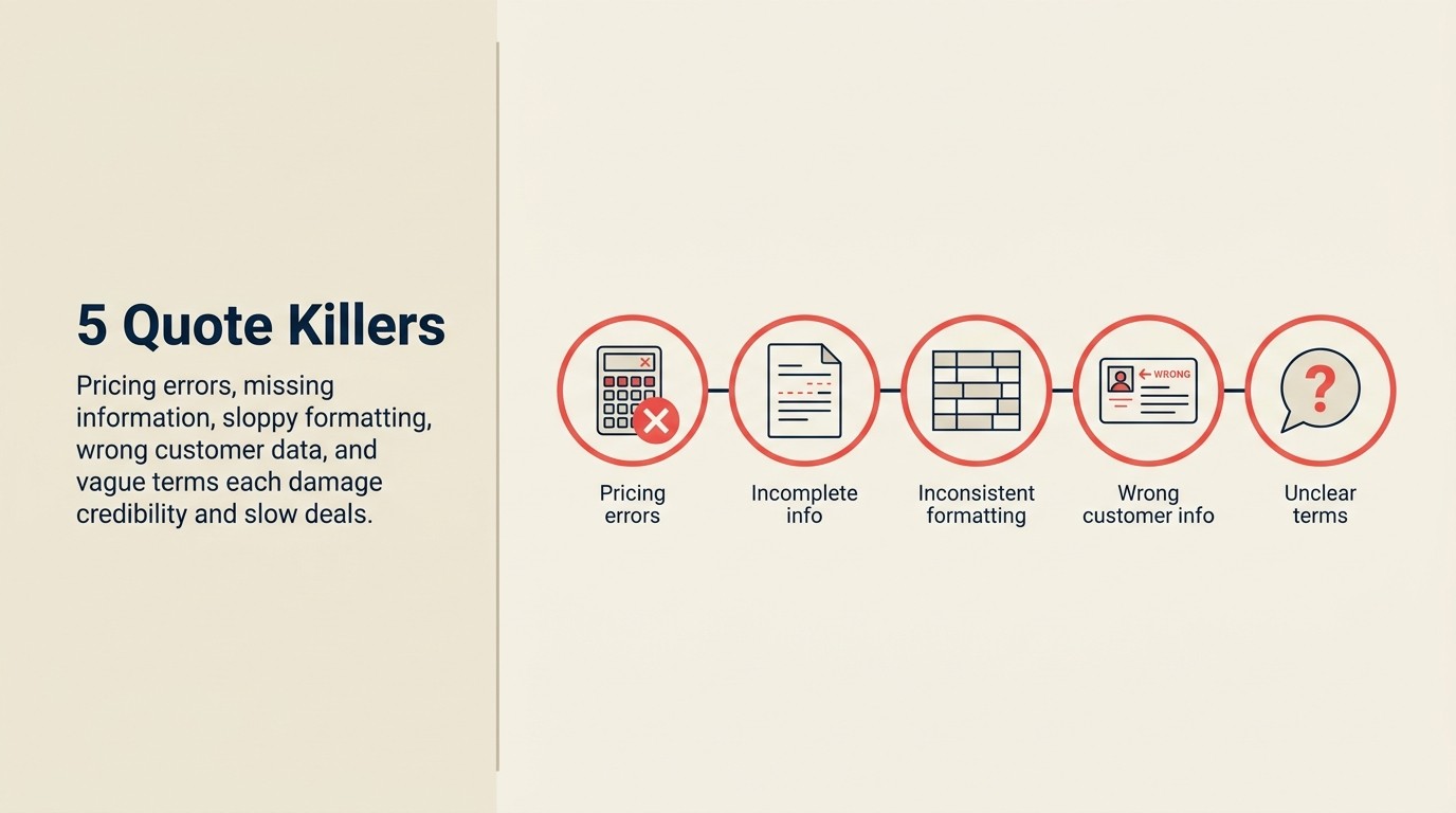 Five common quote mistakes: pricing errors, incomplete information, inconsistent formatting, wrong customer information, and unclear terms