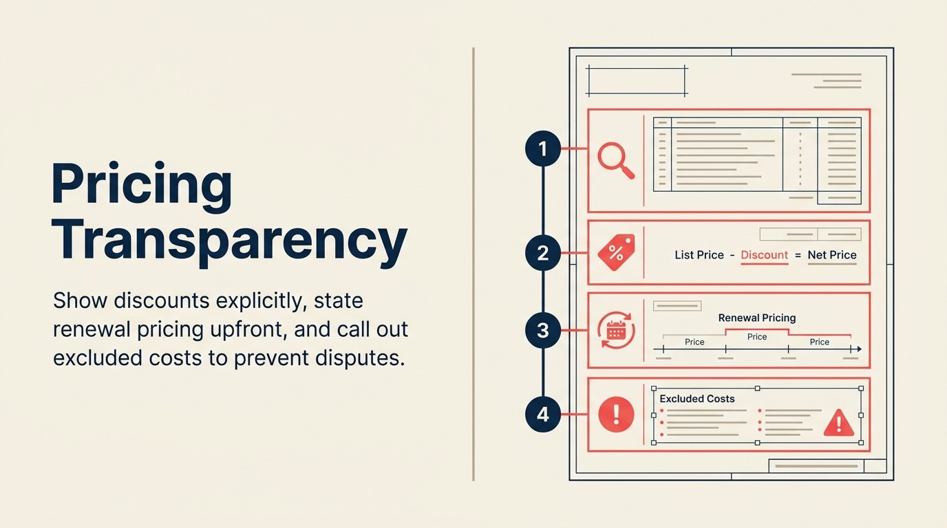 Four pricing transparency practices: clear descriptions, explicit discounts, renewal pricing visibility, and additional cost callouts