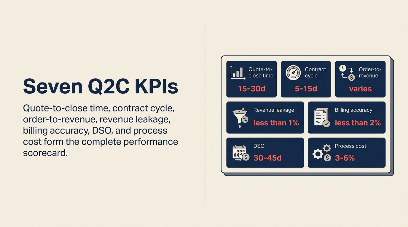 Seven Q2C KPIs with benchmarks covering cycle time, leakage, accuracy, and DSO