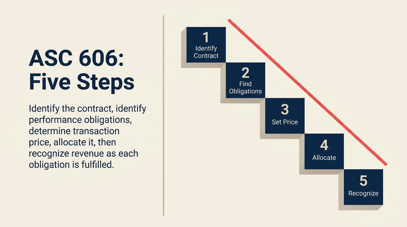 ASC 606 five-step revenue recognition framework from contract identification to revenue recording