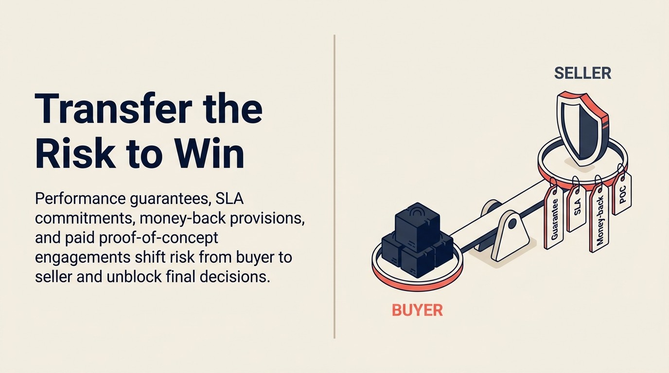 Four risk transfer strategies: performance guarantees, SLAs, money-back provisions, and proof of concept