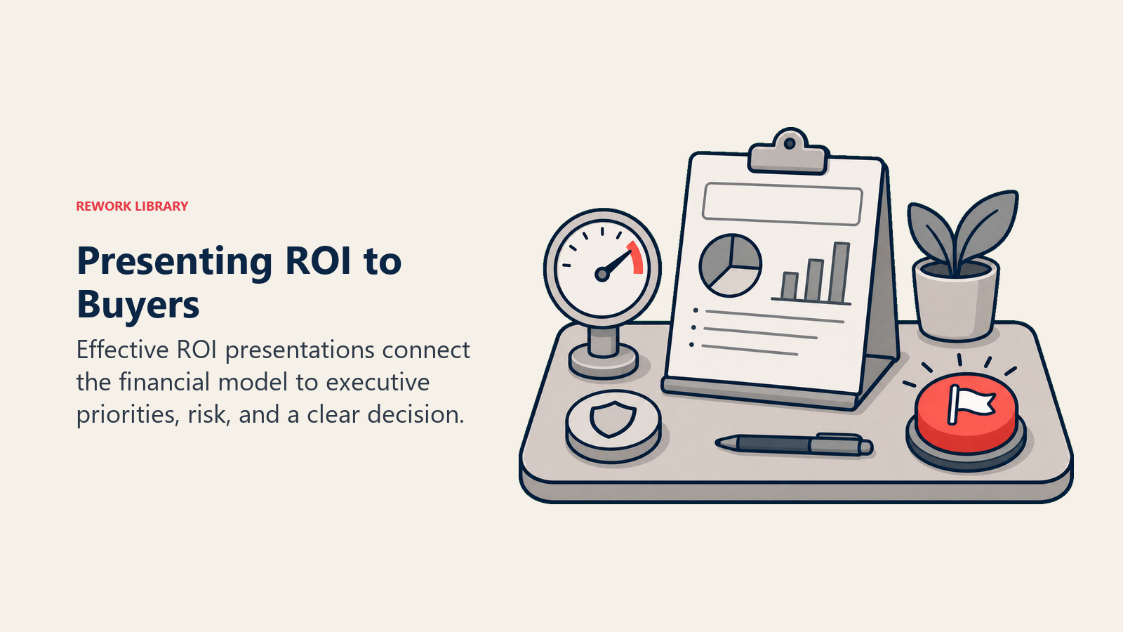 Presenting ROI to Buyers shown as executive-ready ROI brief and decision signal