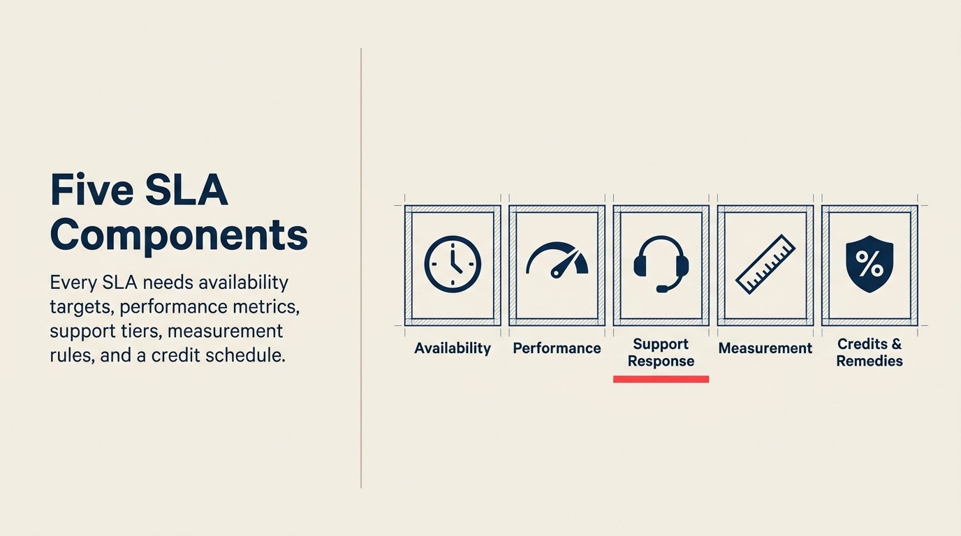 Five SLA components: availability, performance, support response, measurement, and credits