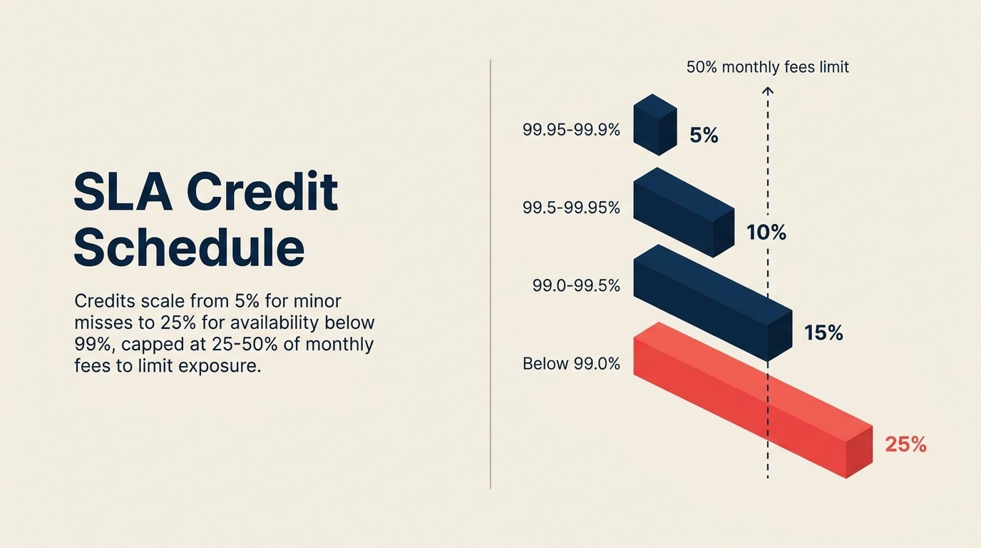 SLA credit schedule: sliding scale from 5% to 25% credit based on availability miss severity