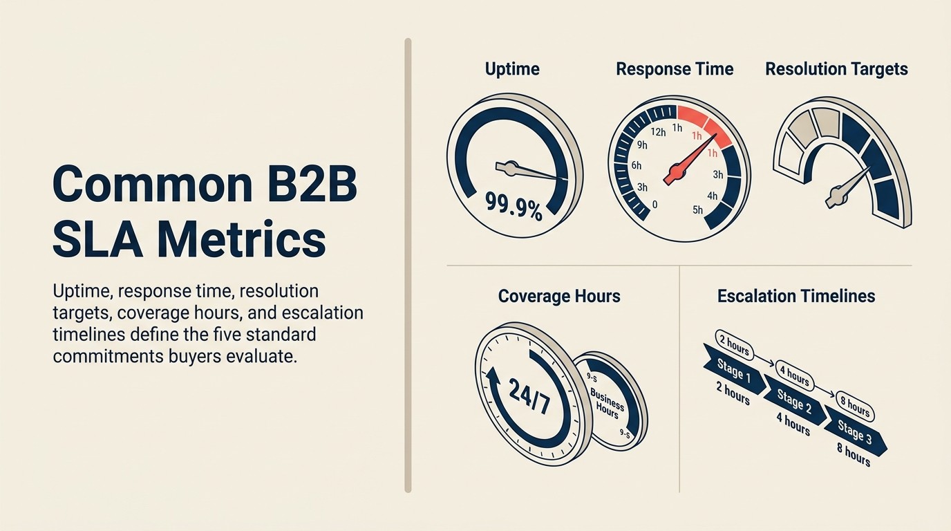 B2B SLA metrics: uptime tiers, response time, resolution time, coverage hours, escalation