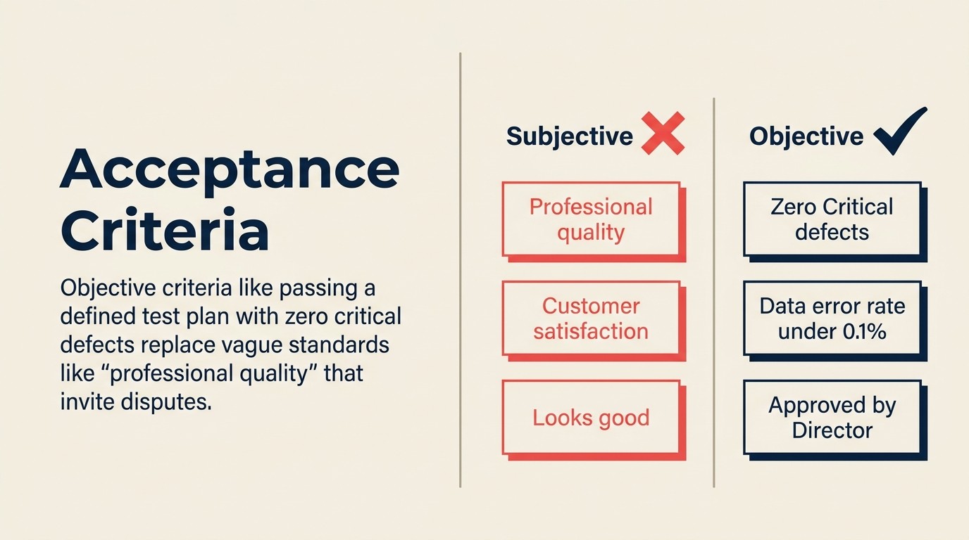 Objective vs subjective acceptance criteria comparison for SOW deliverables