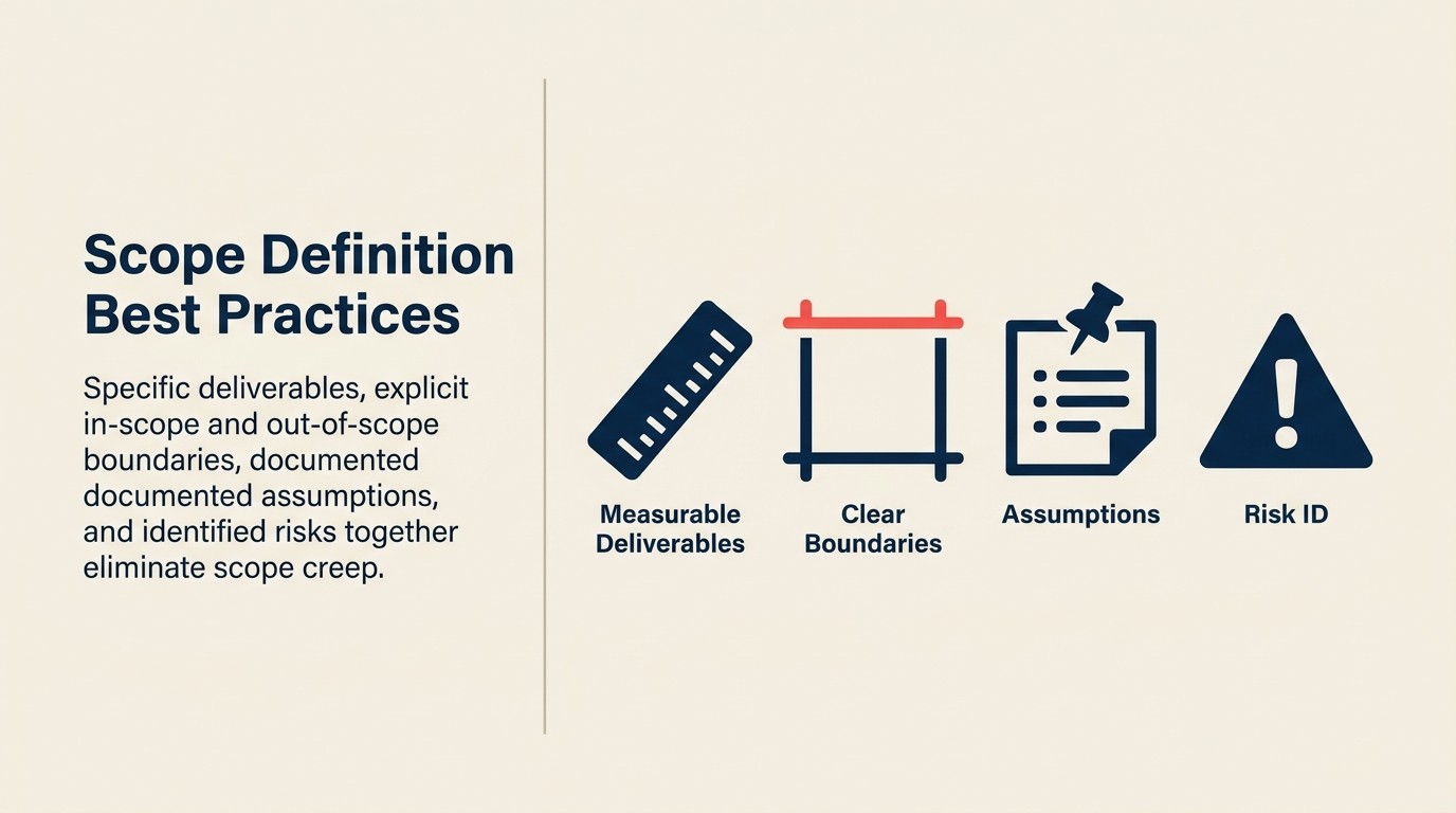 Four scope definition best practices: measurable deliverables, clear boundaries, assumption documentation, risk identification