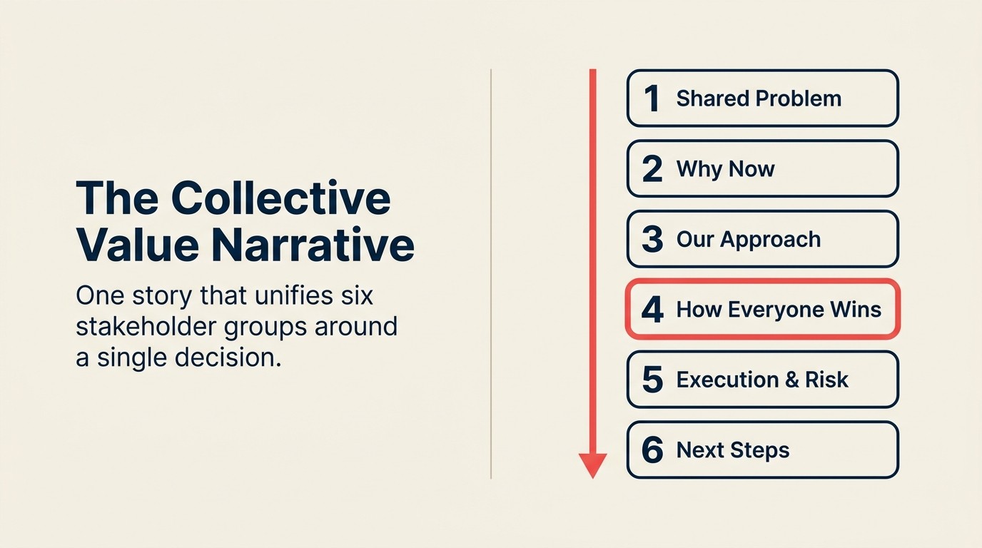 Six-step collective value narrative framework from shared problem to clear next steps for enterprise consensus building