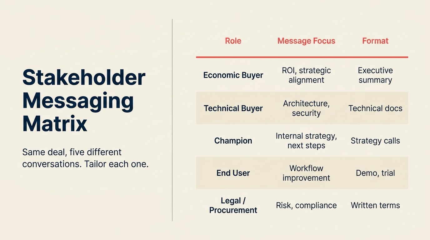 Five-role stakeholder messaging matrix showing message focus, preferred format, and contact frequency for each enterprise buyer type