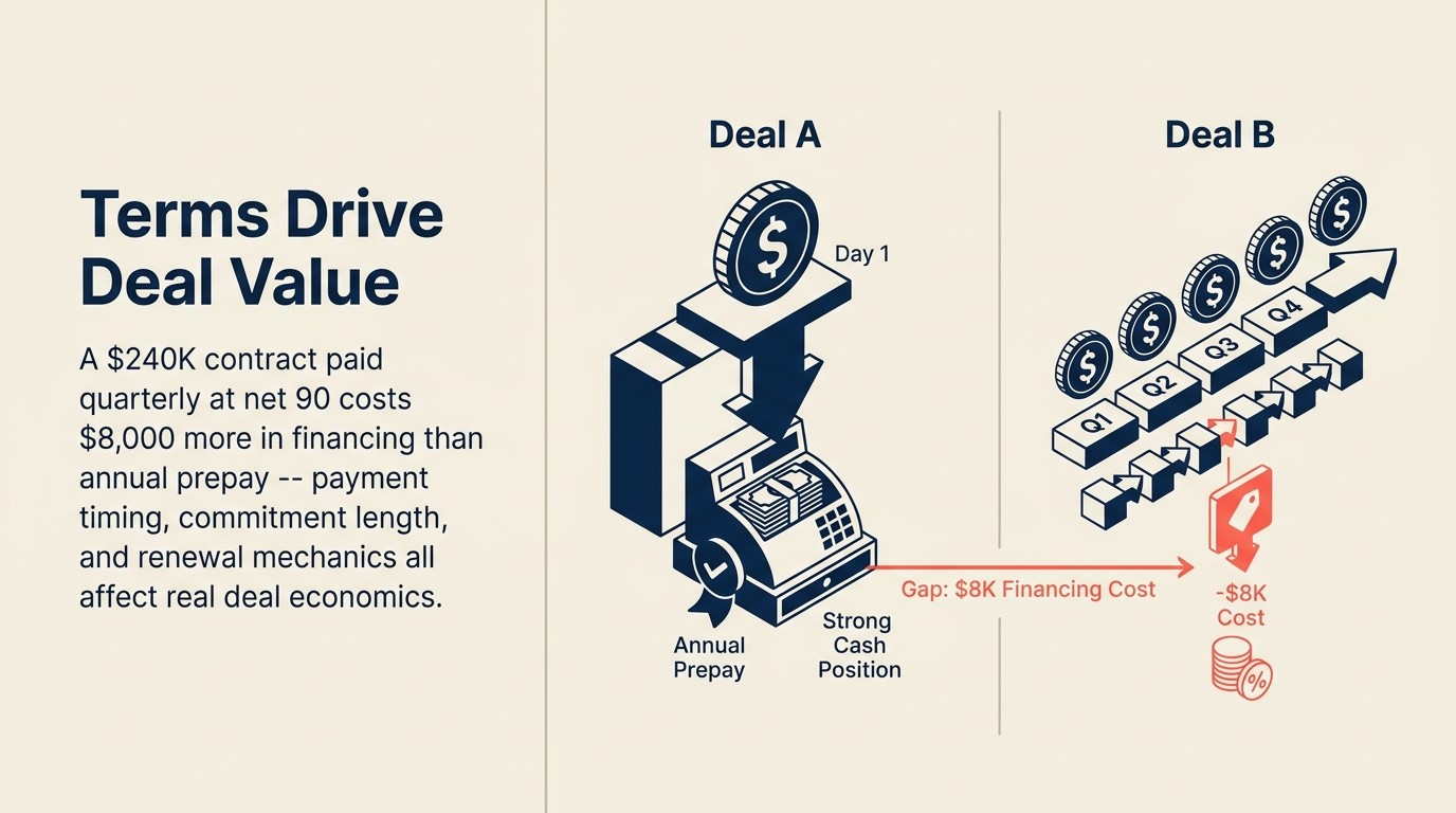 Deal economics levers: payment timing, commitment period, renewal mechanism, and usage rights