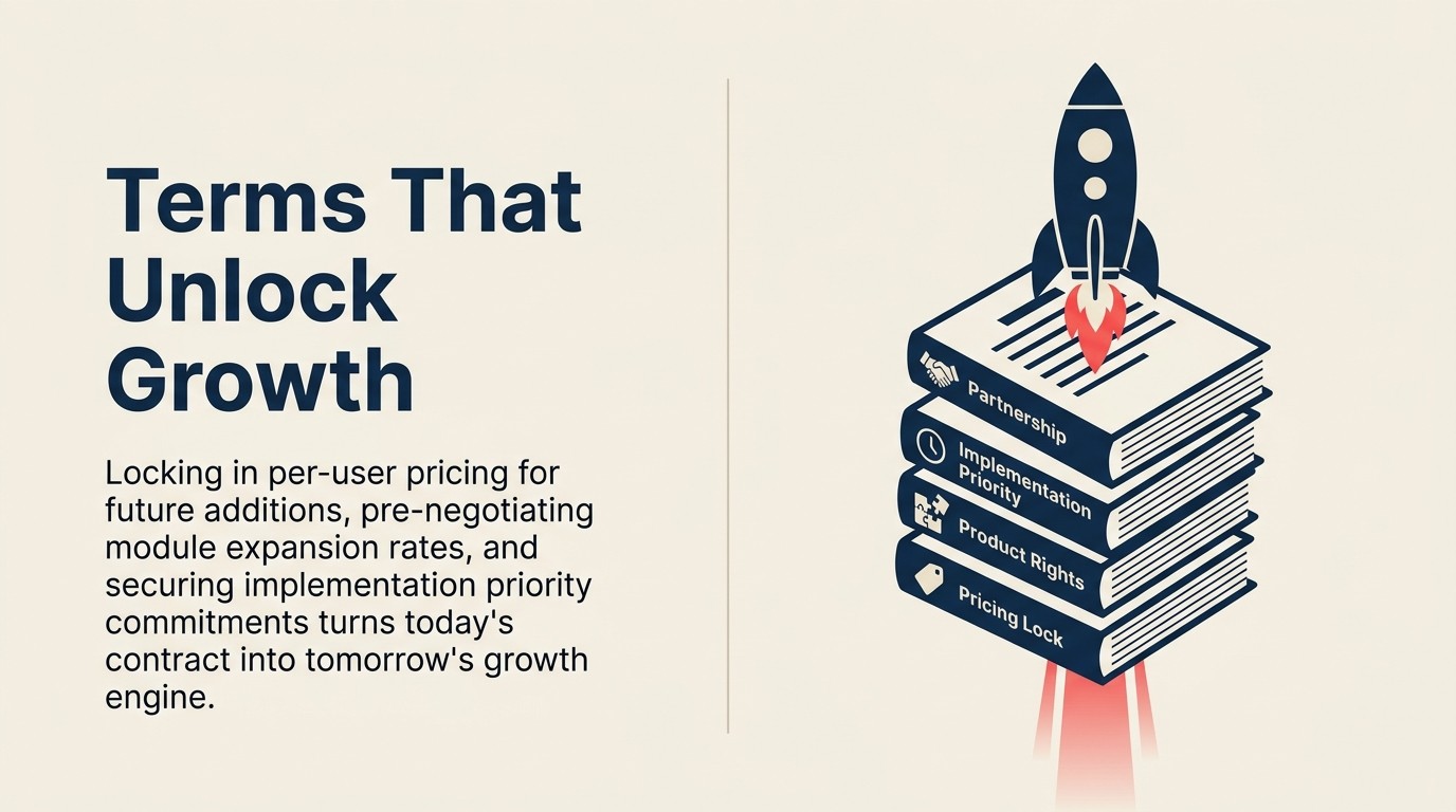Expansion-enabling contract terms: pricing locks, product rights, implementation priority, and partnership terms