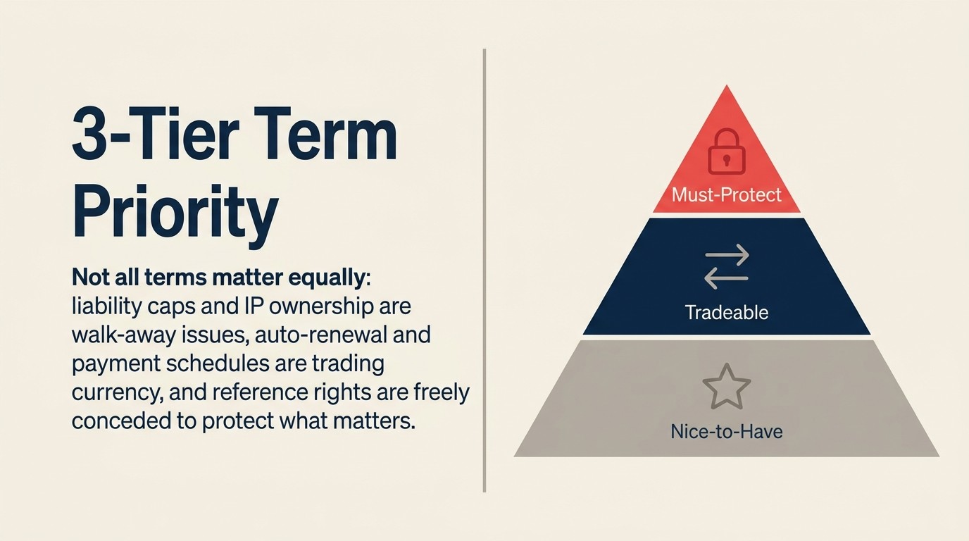 Three-tier negotiation priority framework: must-protect terms, tradeable terms, and nice-to-have terms
