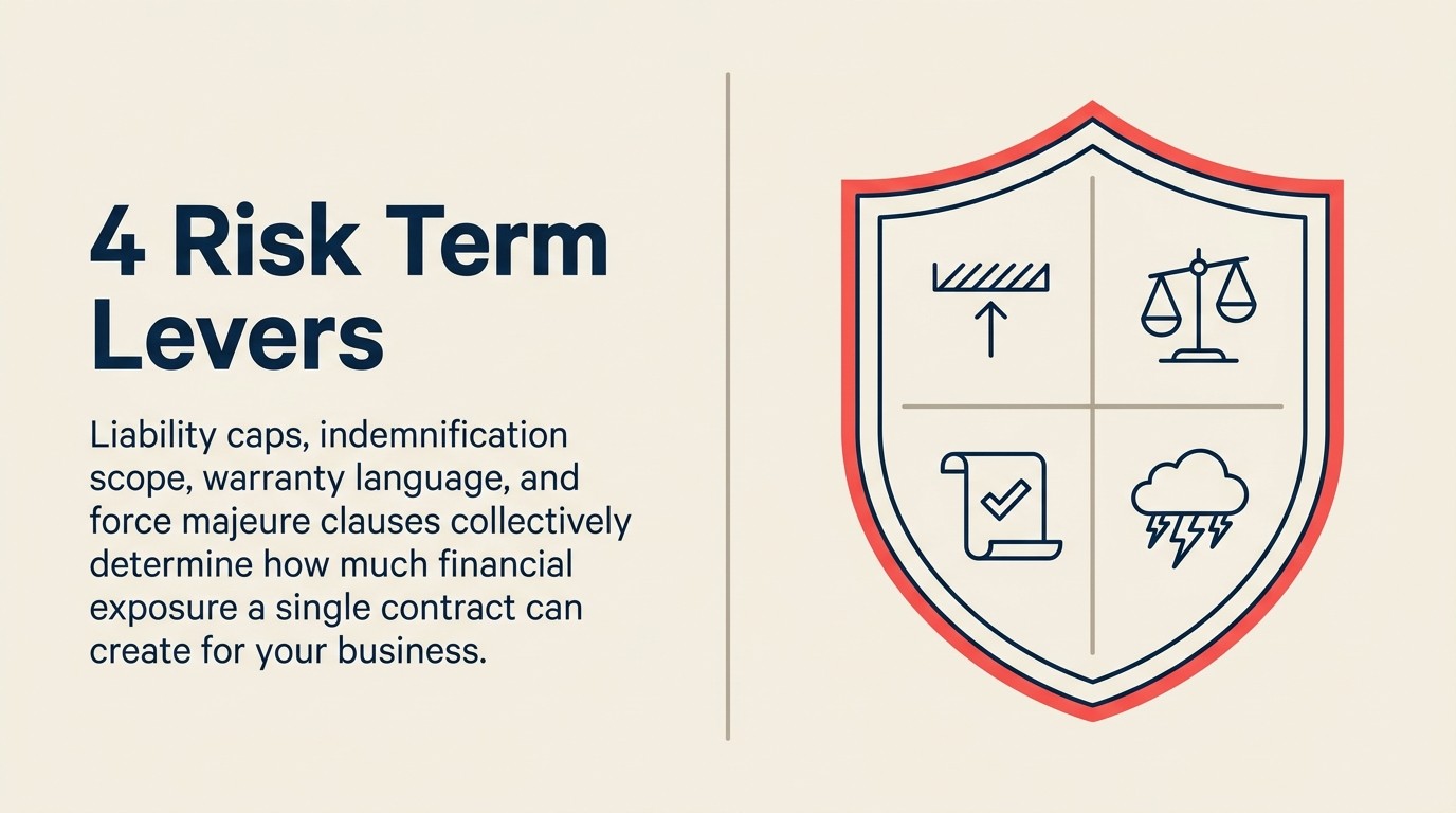 Four risk management levers in contract terms: liability caps, indemnification, warranties, and force majeure