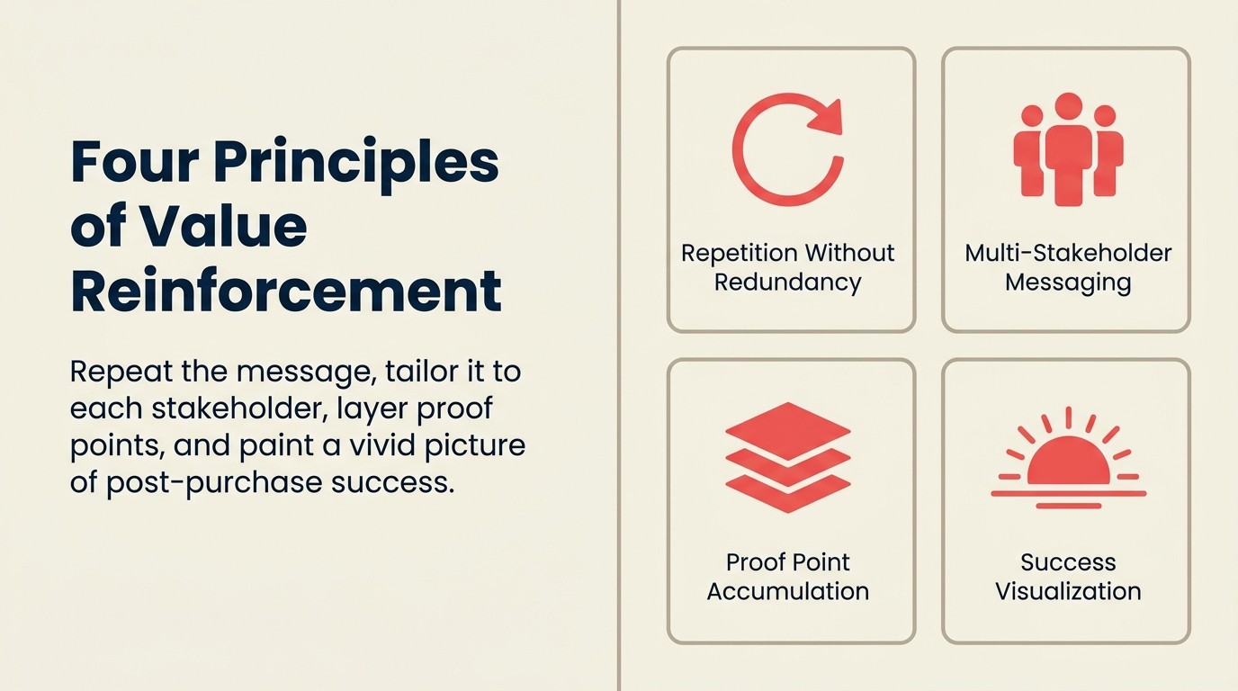 Four principles of value reinforcement: Repetition, Multi-Stakeholder Messaging, Proof Accumulation, Success Visualization