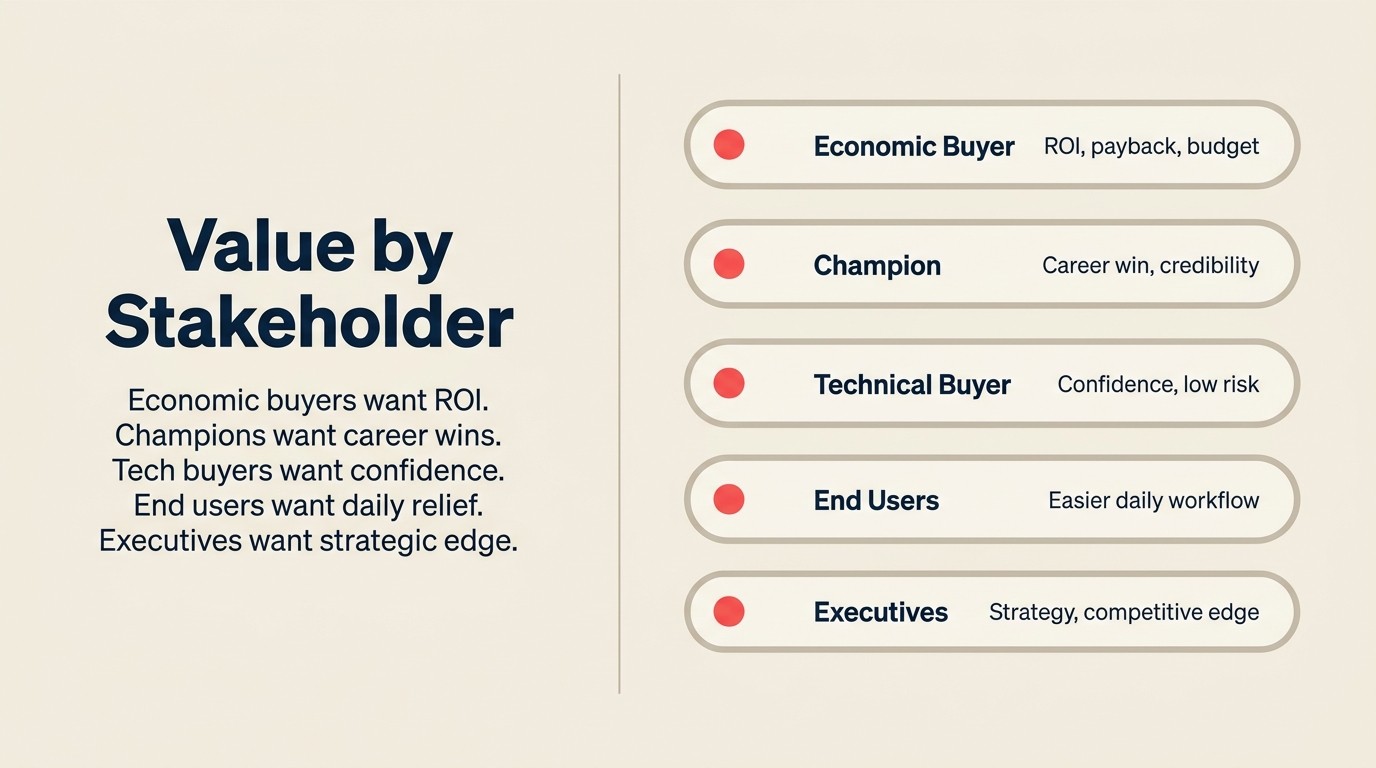Value messaging tailored to five stakeholder types: economic buyer, champion, technical buyer, end users, and executives