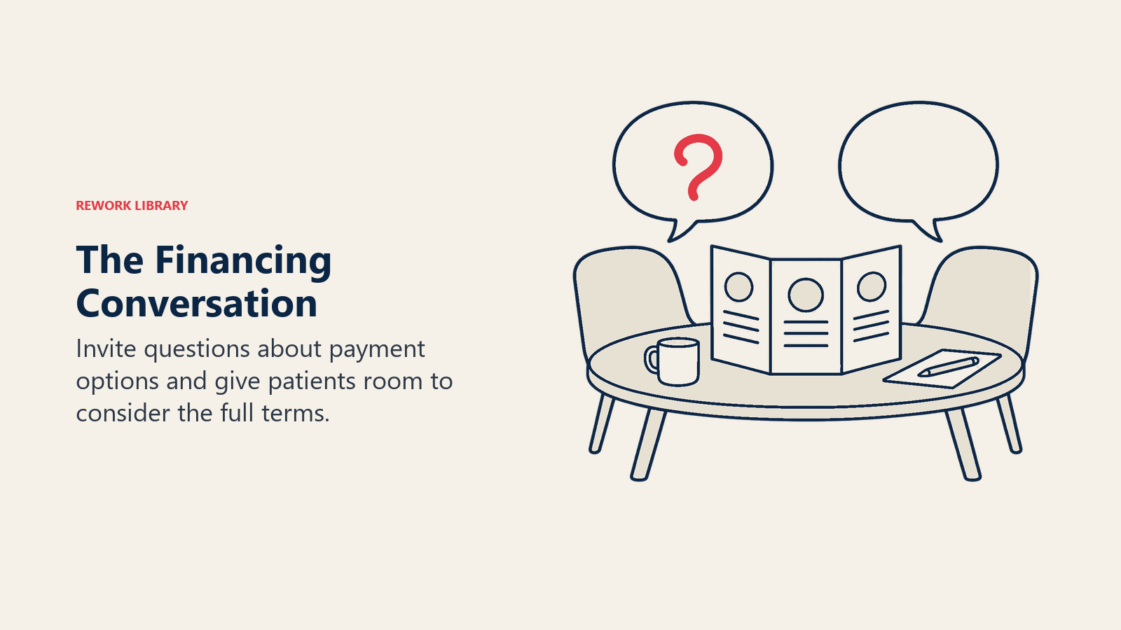 An open payment-options leaflet between equal conversation spaces invites financing questions.