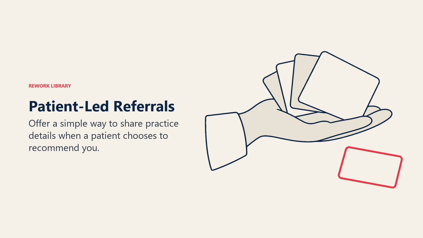 An open palm offers practice contact cards for voluntary patient-led referrals.