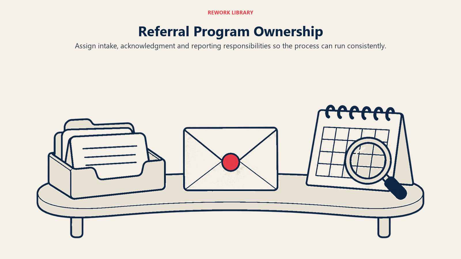 Intake tray, acknowledgment envelope and review calendar illustrate referral program responsibilities.