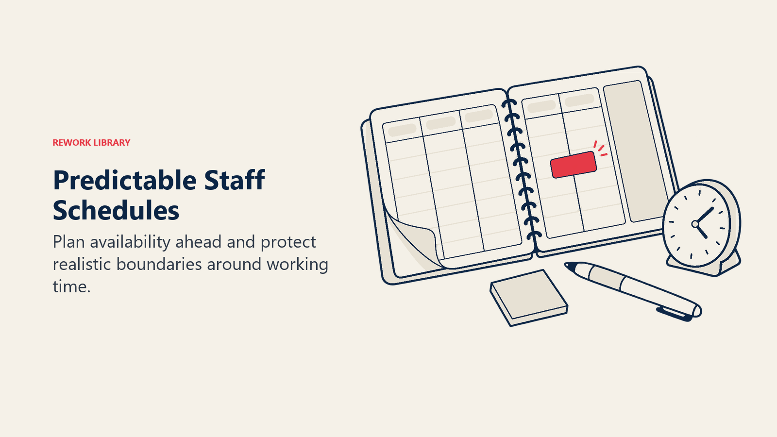 An advance planner with a movable block and clock illustrates predictable dental staff schedules.