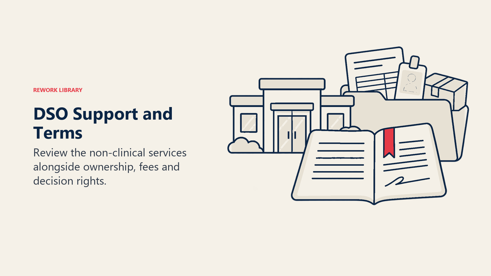 A practice office, support folder and open agreement illustrate DSO services and contractual terms.