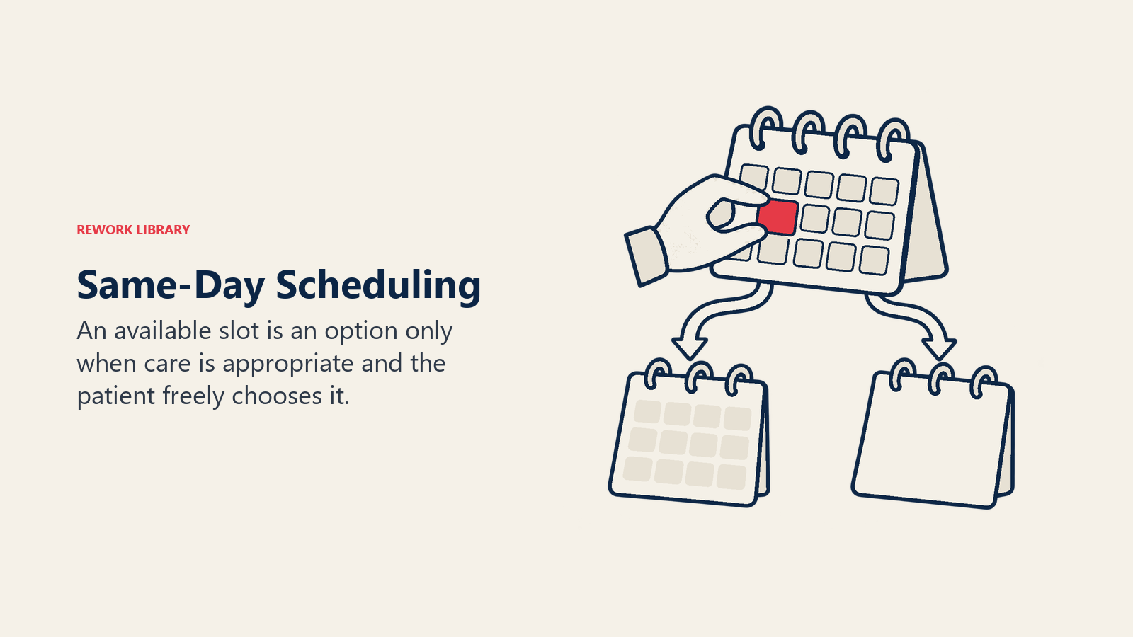 A movable appointment block and open calendar options illustrate voluntary same-day scheduling.