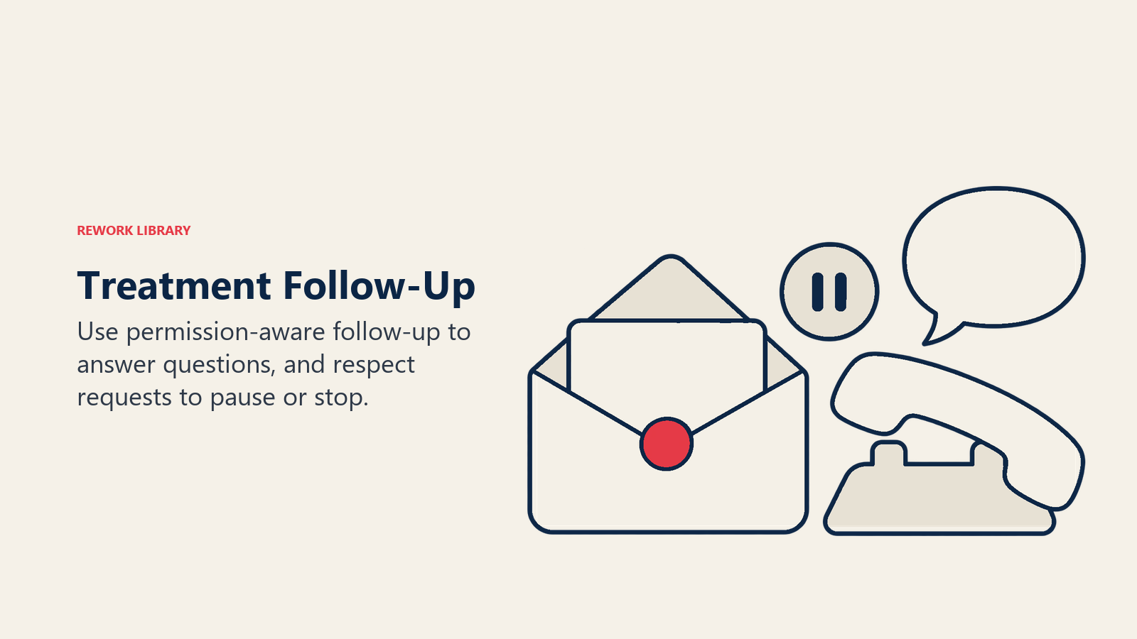 Envelope, resting phone, pause symbol and speech bubble illustrate permission-aware treatment follow-up.
