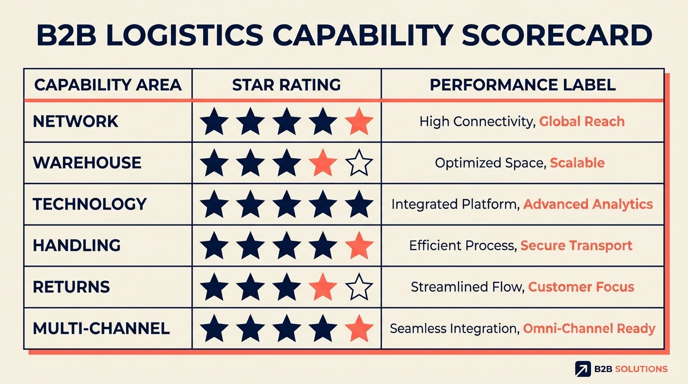 3PL technical capability scorecard covering network coverage, warehouse automation, technology, and returns processing