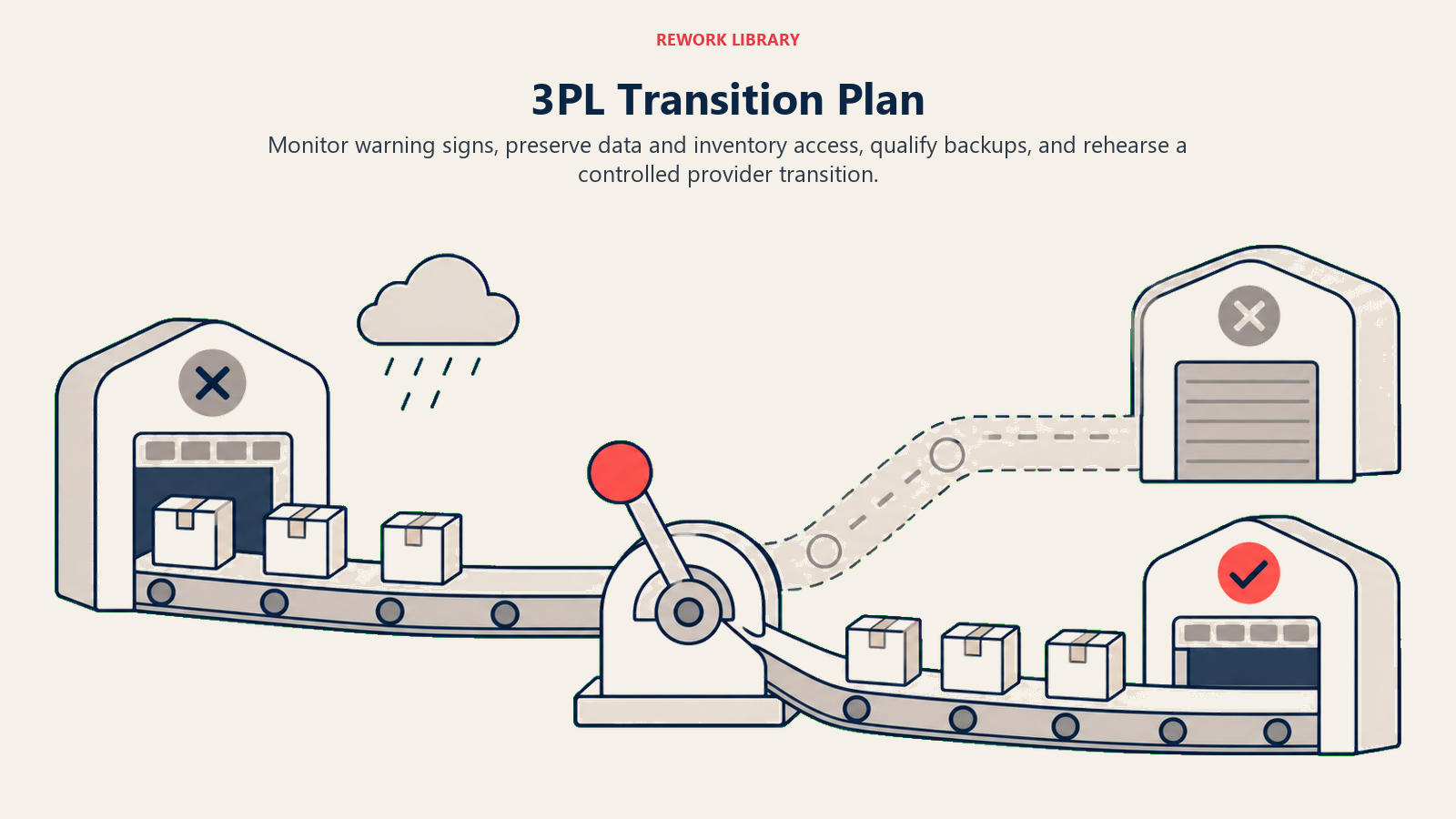 3PL Transition Plan illustrated by a wide contingency route shifting parcels from a weakening warehouse lane to a ready backup lane through a controlled switch