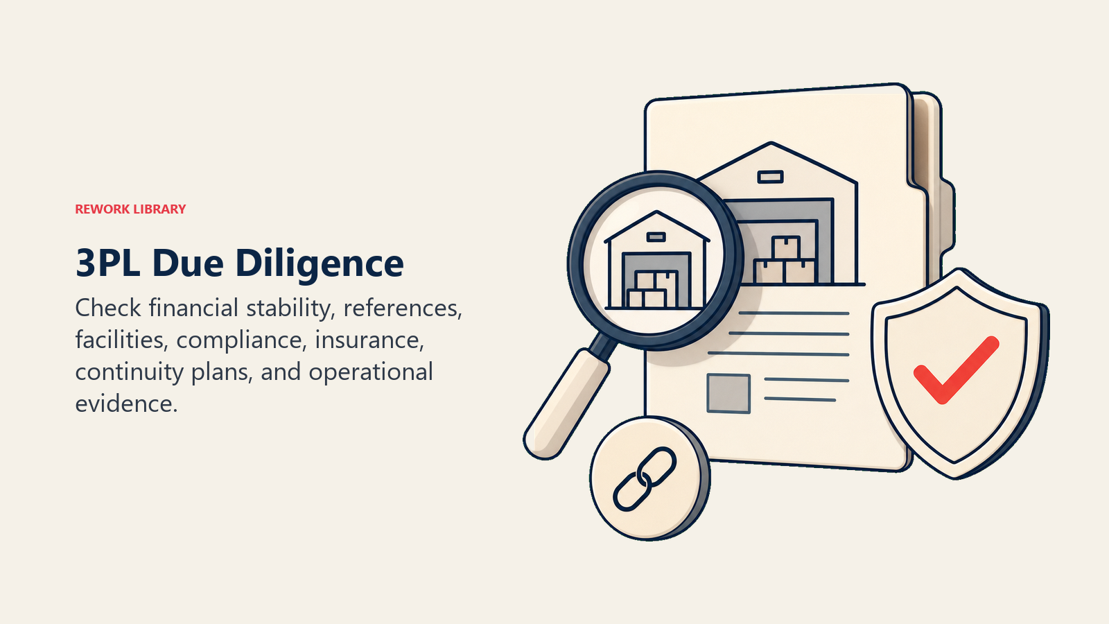 3PL Due Diligence illustrated by an inspection lens over a warehouse dossier, insurance shield, reference token, and continuity key