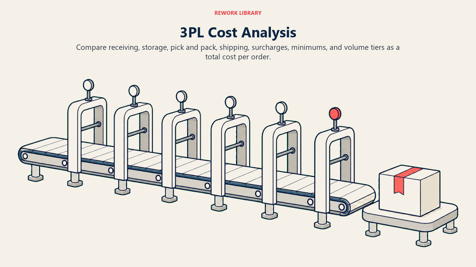 3PL Cost Analysis illustrated by a wide warehouse cost conveyor exposing six fee gates before one total-cost parcel