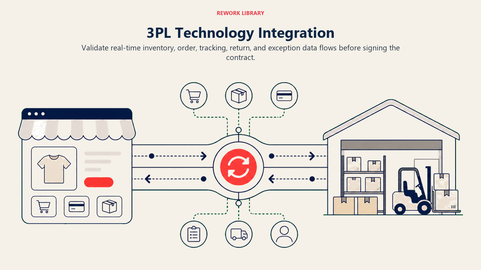 3PL Technology Integration illustrated by a wide two-way data bridge between an ecommerce storefront and warehouse operations with clean event handoffs