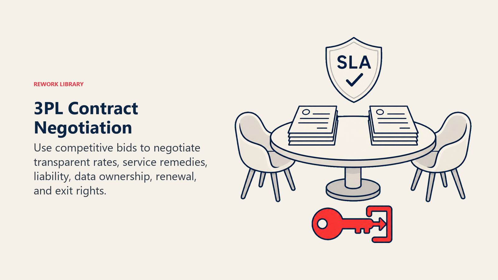 3PL Contract Negotiation illustrated by a contract negotiation table with two balanced offer stacks, an SLA shield, and a coral exit key