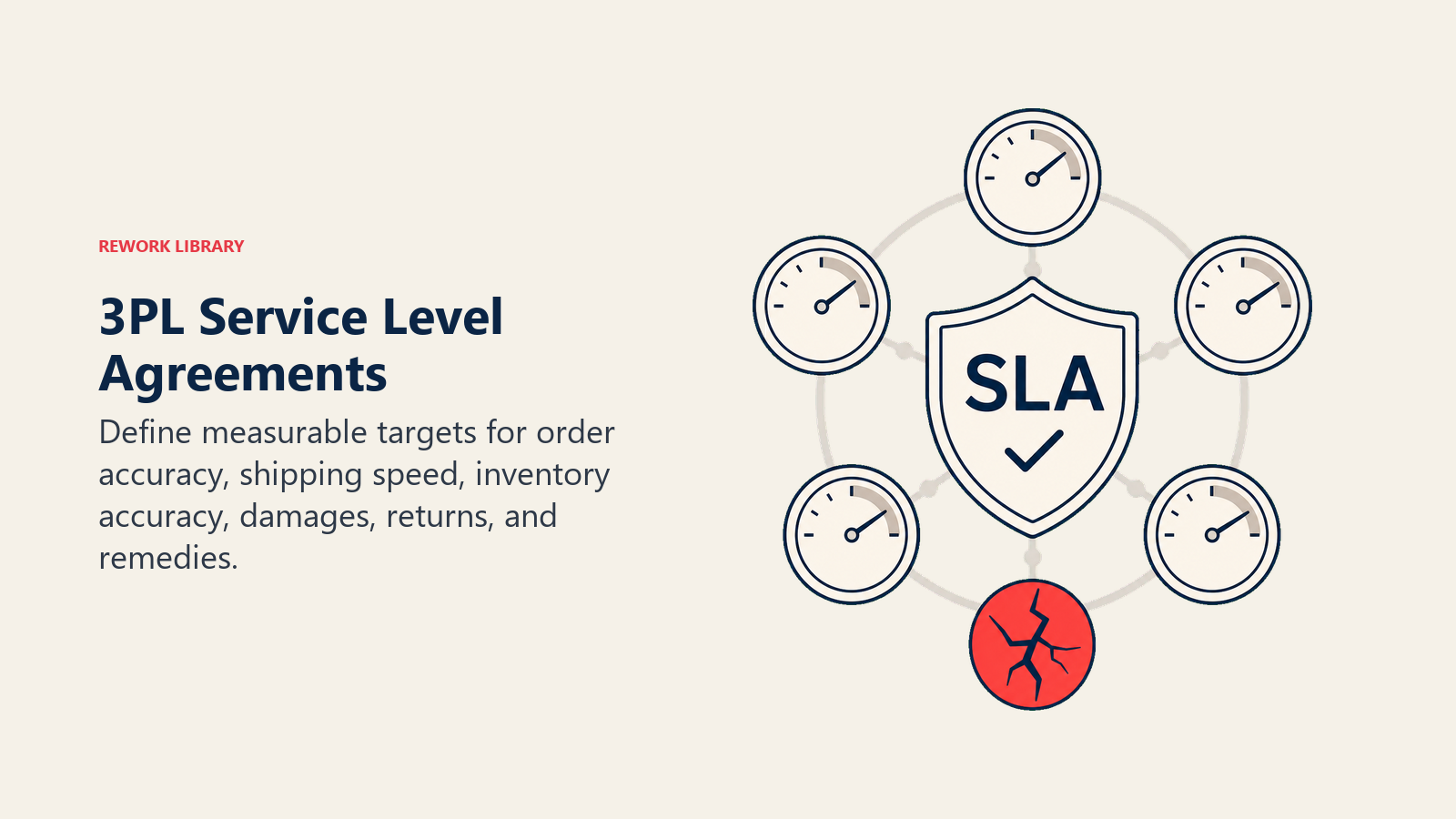 3PL Service Level Agreements illustrated by an SLA shield surrounded by five restrained service gauges and one coral breach indicator