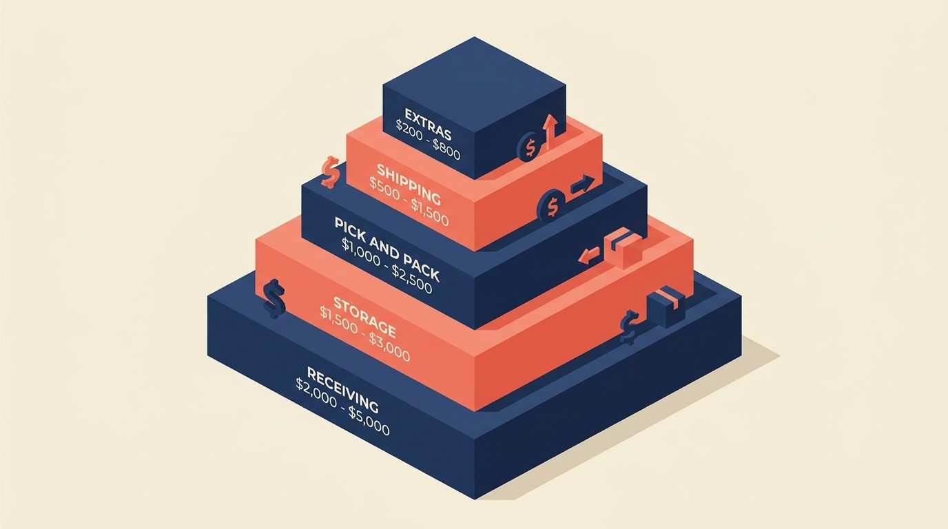 3PL cost breakdown showing receiving, storage, pick and pack, and shipping fee components per order