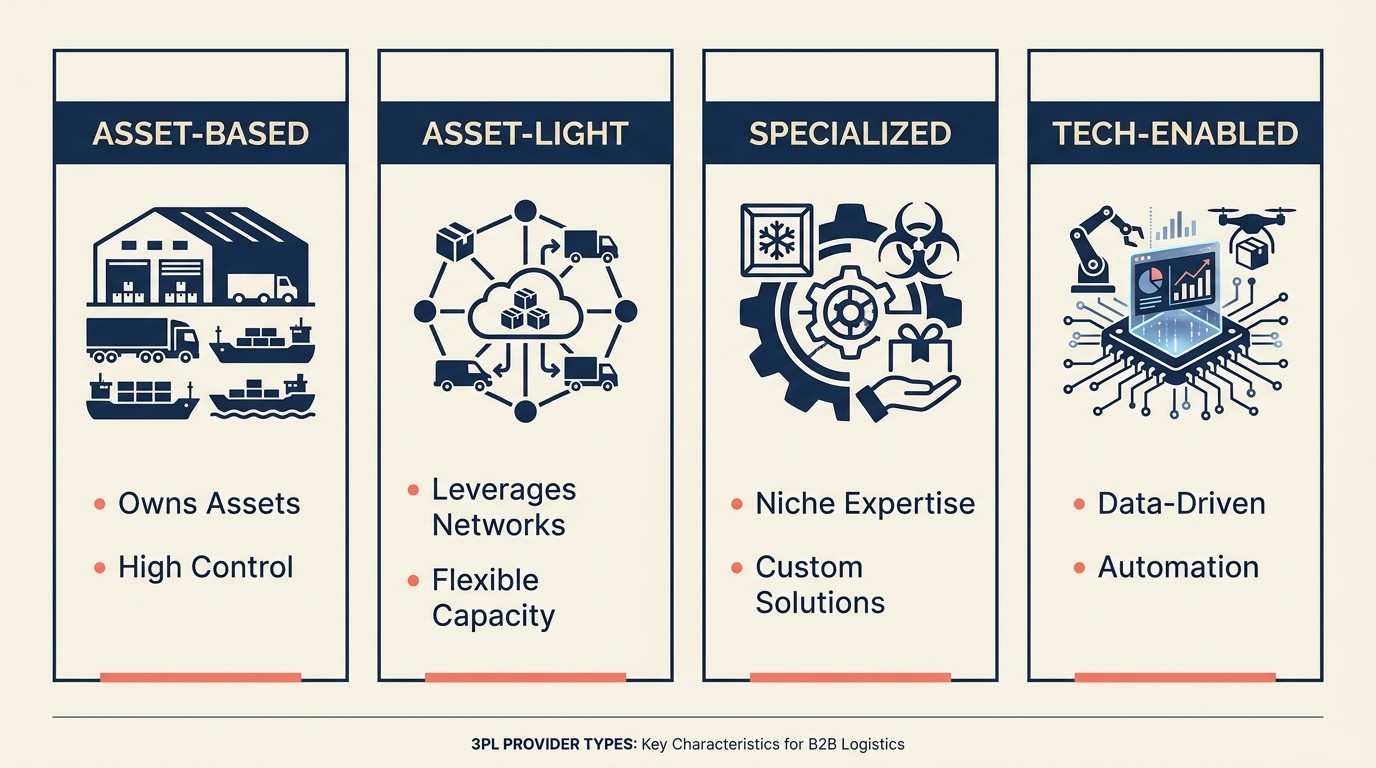 Four 3PL provider types compared: asset-based, asset-light, specialized, and tech-enabled logistics