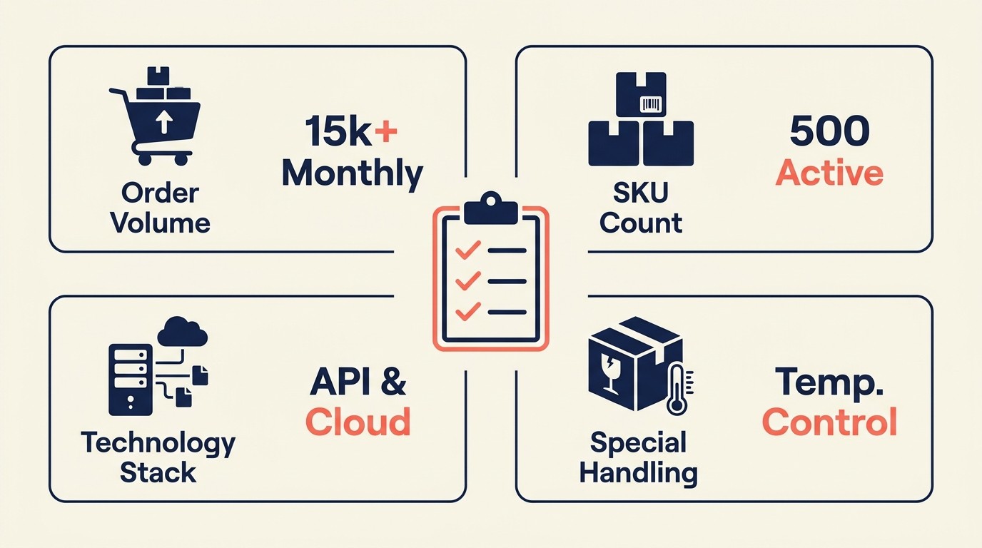 Logistics requirements assessment framework showing order volume, SKU count, technology, and special handling dimensions