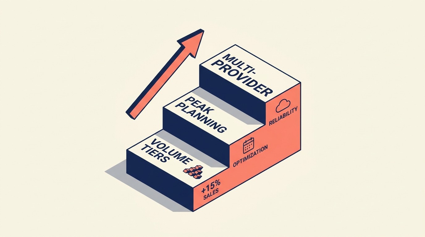 3PL scaling framework showing volume tier optimization, peak season planning, and multi-provider strategy stages