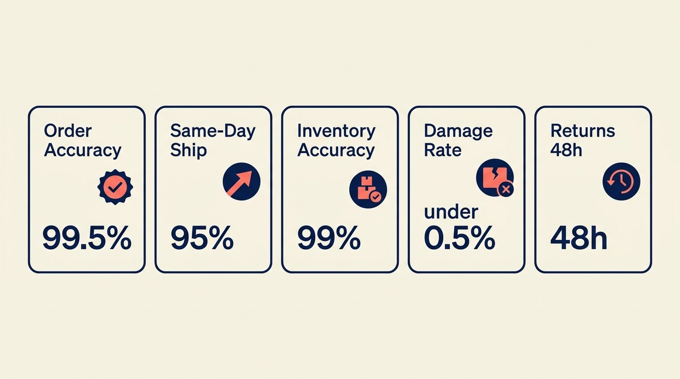 SLA scorecard with five metrics: order accuracy, shipping speed, inventory accuracy, damage rate, and returns processing speed