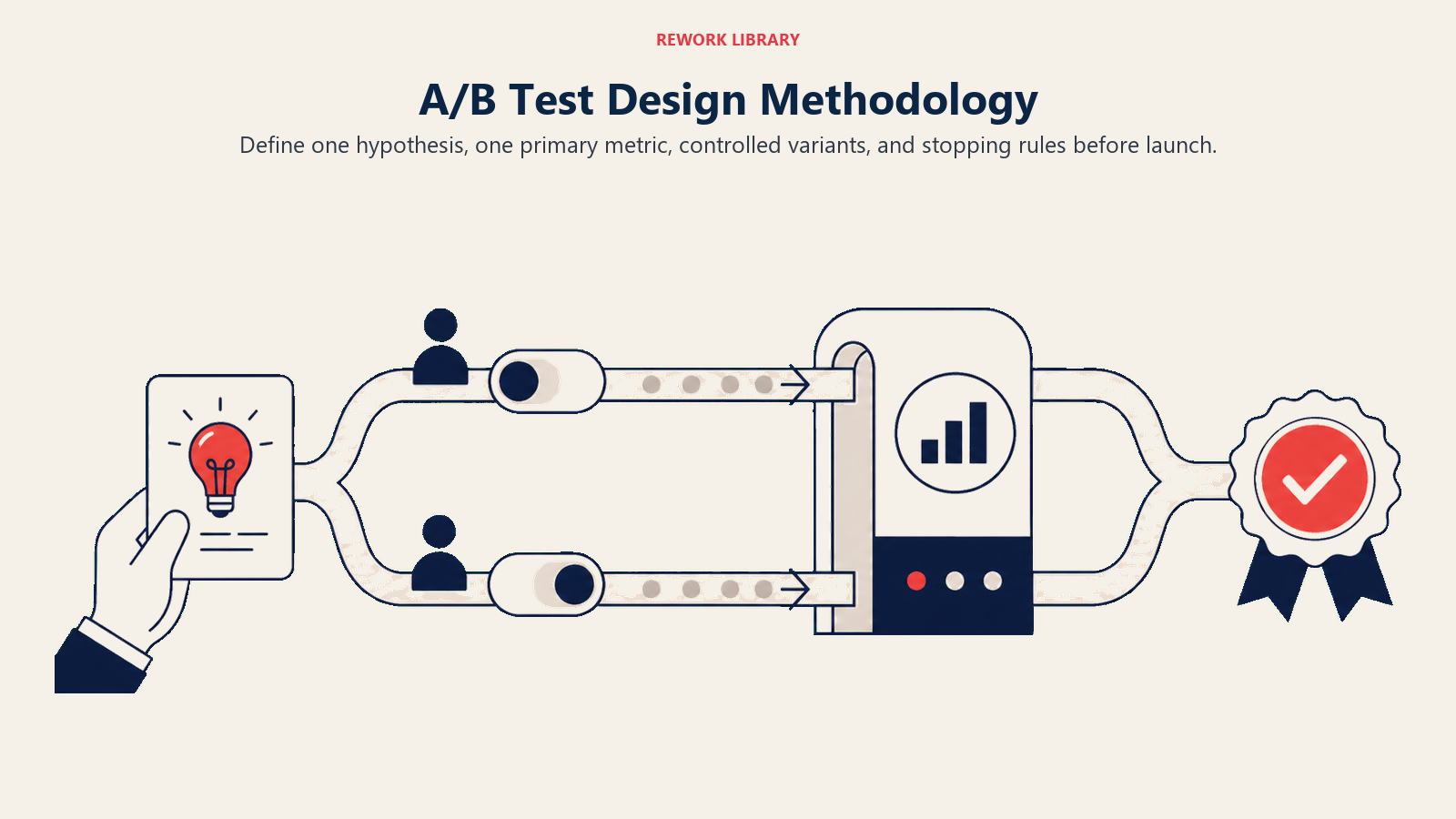 A/B Test Design Methodology illustrated with a wide experiment bench moving from hypothesis card to two controlled lanes, measurement gate, and final evidence seal