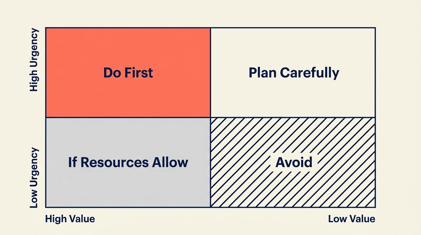Test prioritization framework with impact versus effort matrix quadrants