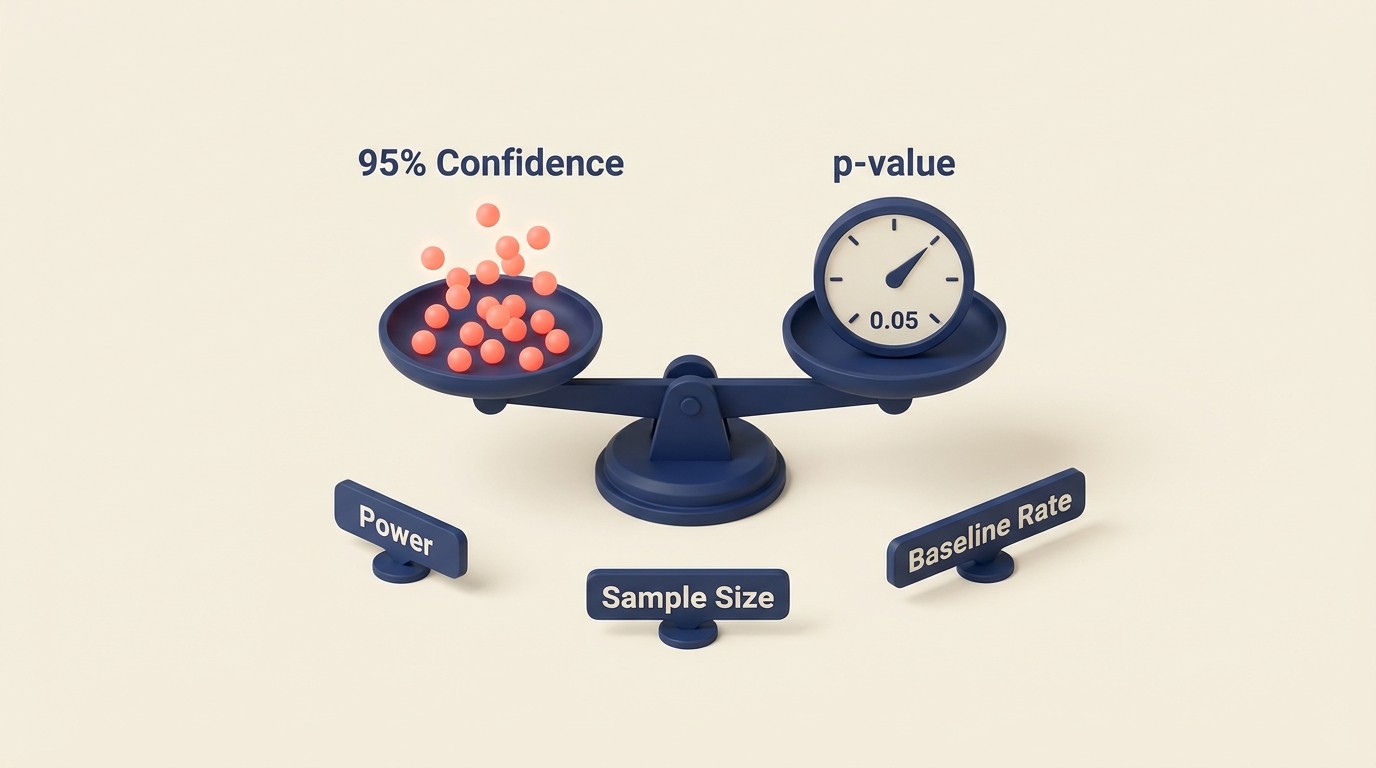 Statistical foundations of A/B testing showing hypothesis, sample size, and confidence levels