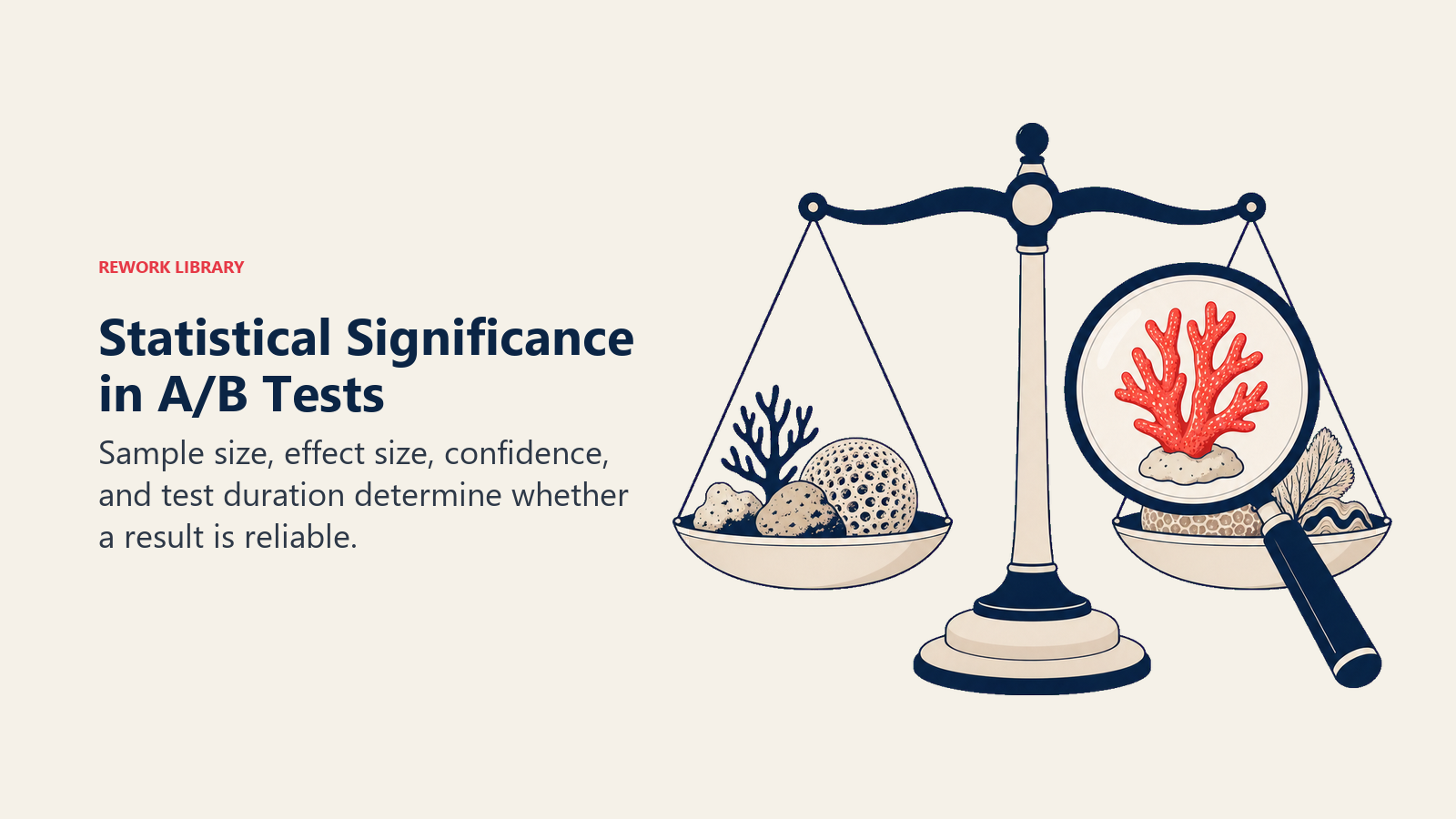 Statistical Significance in A/B Tests illustrated with a precision balance holding two sample groups while a confidence lens focuses on one coral evidence point