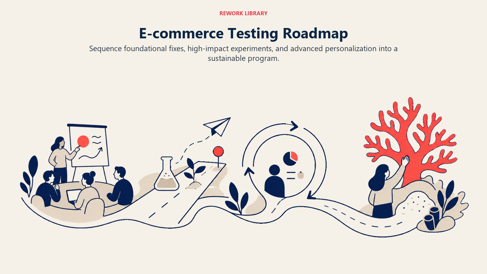E-commerce Testing Roadmap illustrated with a wide testing roadmap with foundation workshop, experiment runway, learning loop, and coral personalization destination