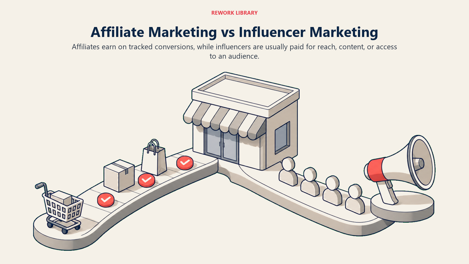Affiliate Marketing vs Influencer Marketing illustrated by two distinct wide lanes: a trackable checkout relay versus an audience megaphone, meeting at a shared storefront