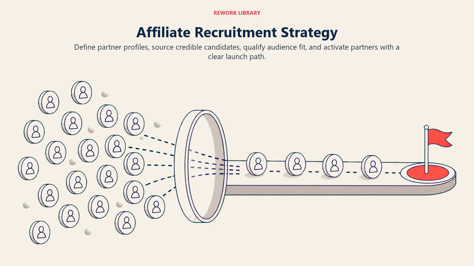 Affiliate Recruitment Strategy illustrated by a wide selective recruitment funnel where many partner markers pass through an audience-fit lens into an activation runway