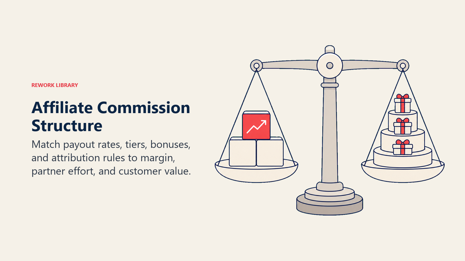 Affiliate Commission Structure illustrated by a calibrated balance scale holding margin blocks on one side and tiered partner rewards on the other